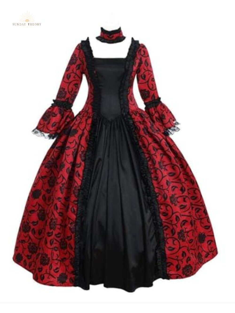 Victorian Rococo Dress Satin Floral Ruffles Long Sleeve Scoop Neck Button